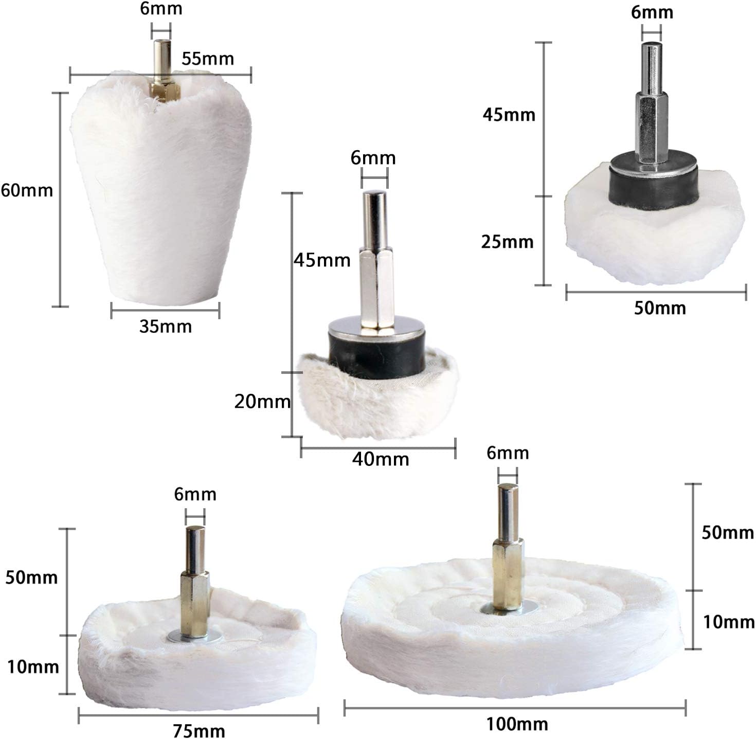 Polishing Pad Buffing Wheel Kit White Flannelette 12 Pack, for Drill for Metal Aluminum Stainless Steel Chrome Wood Plastic Ceramic Glass Woods Fabric Cotton Machine Jewelry etc